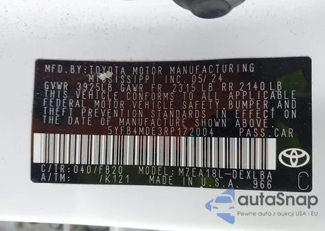 2024 Toyota Corolla Le z USA, uszkodzony, nr VIN 5YFB4MDE3RP172004